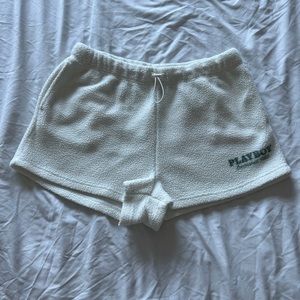 Playboy “Fuzzy Drawstring Shorts” White with Green Logo Size Large